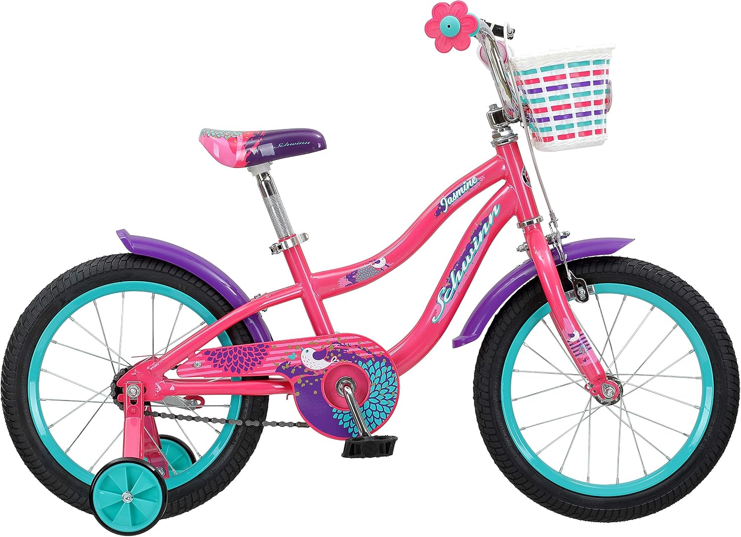 Schwinn Jasmine Kids Bike with Training Wheels, 16-Inch Wheels, Boys and Girls Ages 3-5 Years Old, Basket, Coaster and Hand Brakes, Perfect for Young Riders
