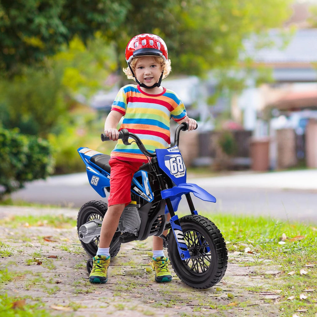 Qaba Kids Dirt Bike with Twist Grip Throttle, 12V Electric Motorcycle, Electric Bike for Toddler with Training Wheels, Spring Suspension & Music, Blue
