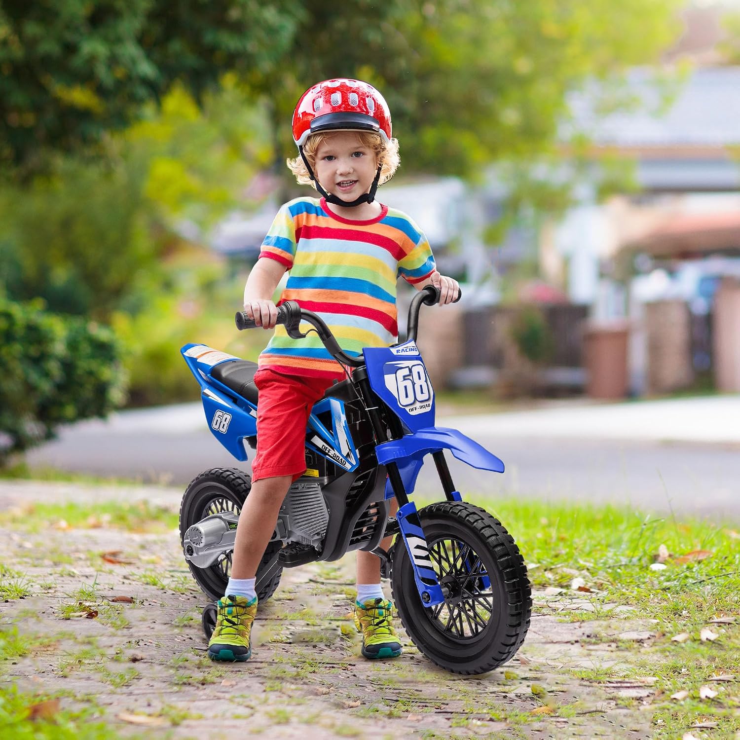 Qaba Kids Dirt Bike with Twist Grip Throttle, 12V Electric Motorcycle, Electric Bike for Toddler with Training Wheels, Spring Suspension & Music, Blue