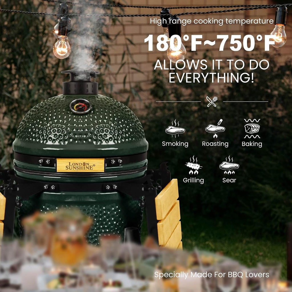 London Sunshine 15-inch Ceramic Kamado Charcoal BBQ Grill & Smoker with Locking Casters, Foldable Side Shelves, Stainless Steel Grates, and Tall Stand (Green)