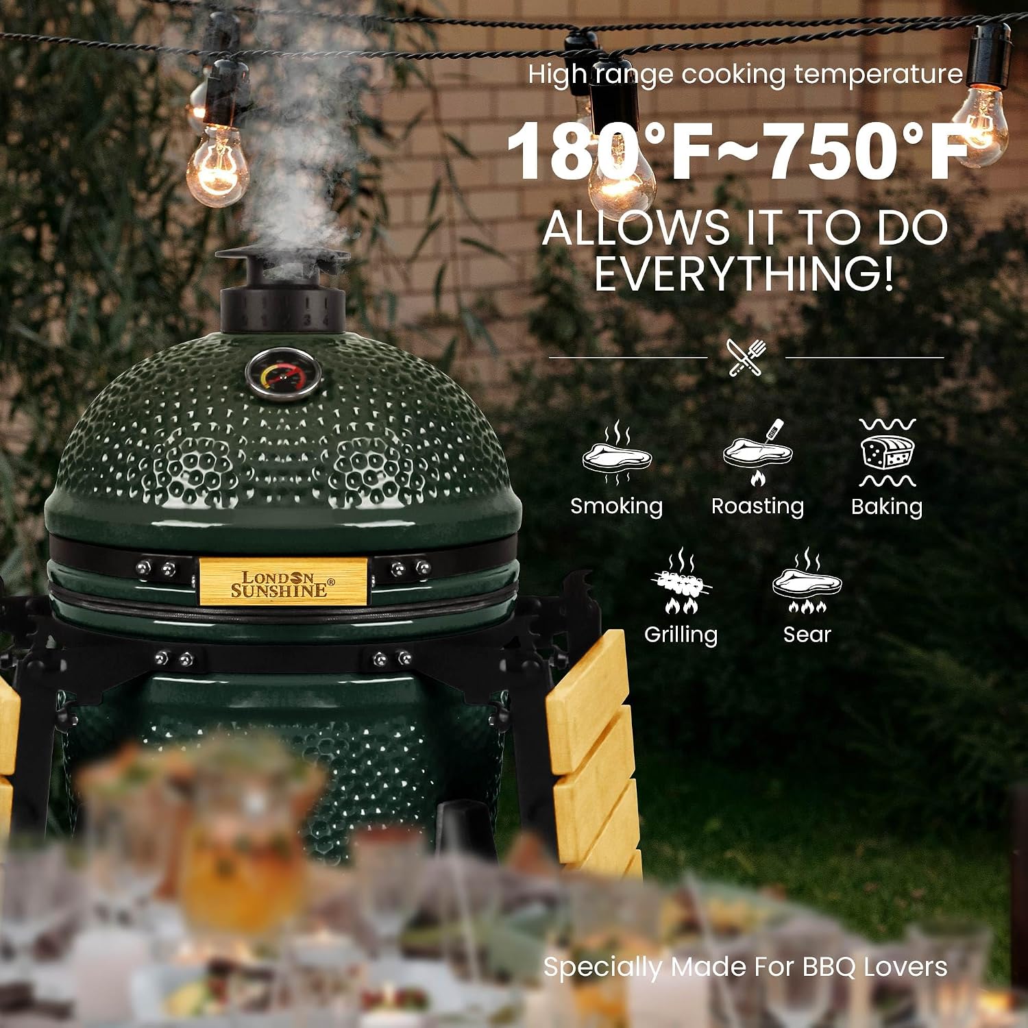 London Sunshine 15-inch Ceramic Kamado Charcoal BBQ Grill & Smoker with Locking Casters, Foldable Side Shelves, Stainless Steel Grates, and Tall Stand (Green)