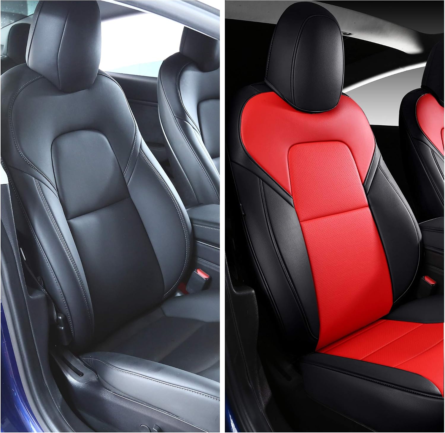Seat Cover Custom Fit for Tesla Model 3 Model Y Synthetic Leather Car Seat Cushion Protector for 2017 2018 2019 2020 2021 2022 All Season Customized (2 Front Black& Red)
