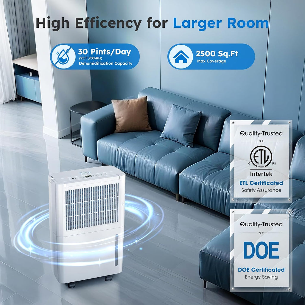 2500 Sq.Ft Dehumidifiers with Drain Hose for Home, Portable 30 Pints Large Room Dehumidifier with Smart Humidity Control, 24H Timer, 3 Working Modes for Bathroom & Bedroom