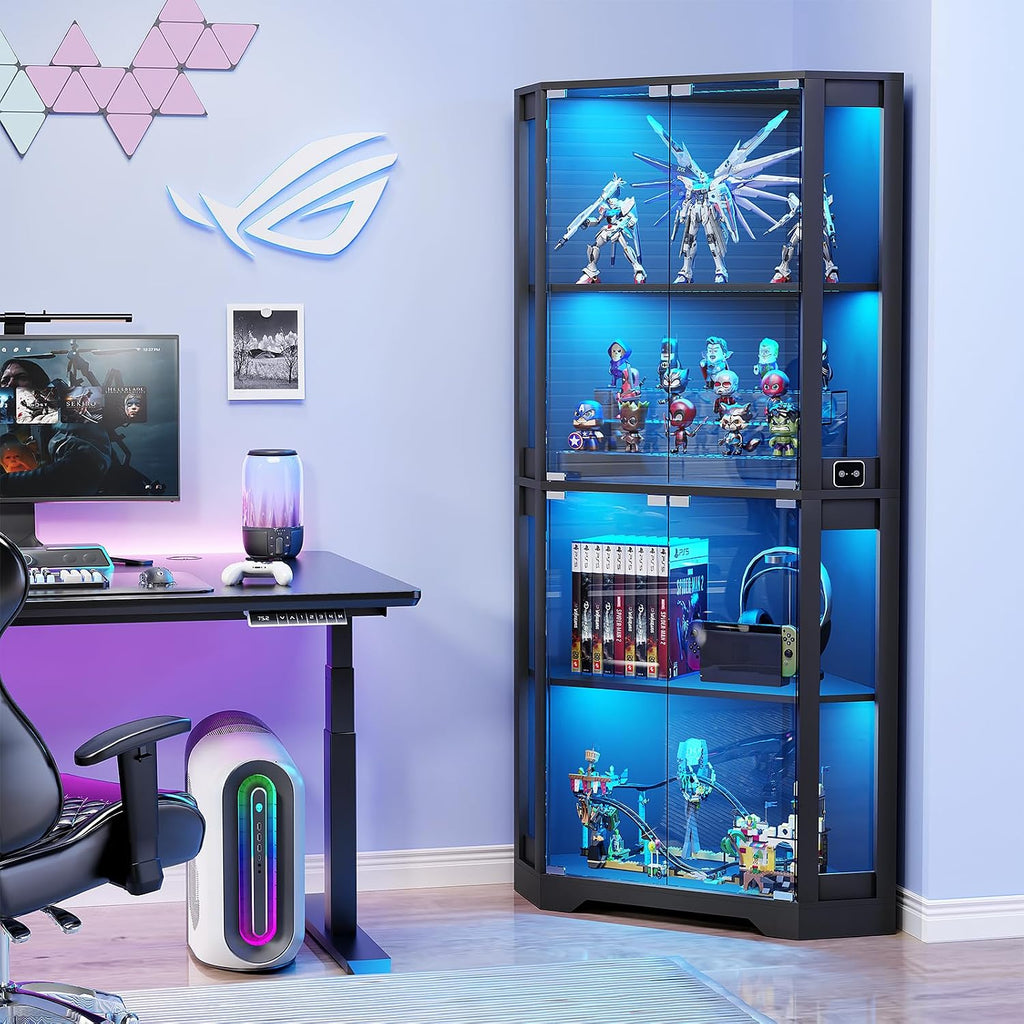BROTTAR Corner Display Cabinet with Glass Doors, 65' Lighted Curio Cabinet with 3 Color LED Lights for Collectibles, 4-Tier Showcase Display Case with Human Body Sensor for Toys, Books, Black