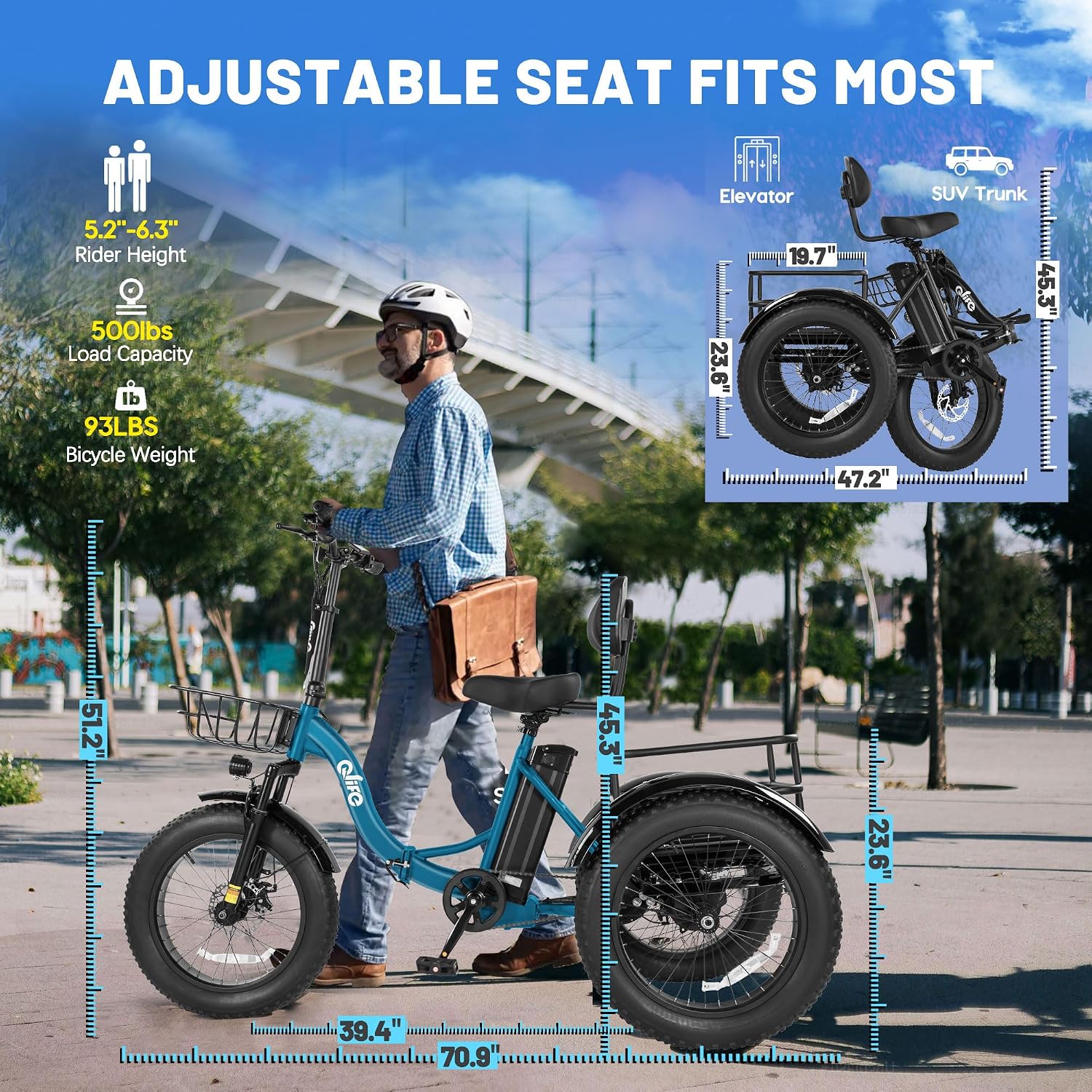 Qlife Triker Plus Electric Trike for Adults, Peak 1200W Motor Floding Trike Ebike, 624Wh E-Bike, 20MPH 65 Miles Electric Tricycle for Adults, 20x4.0 Fat Tire E-Bike, Foldable 3 Wheel for Adults