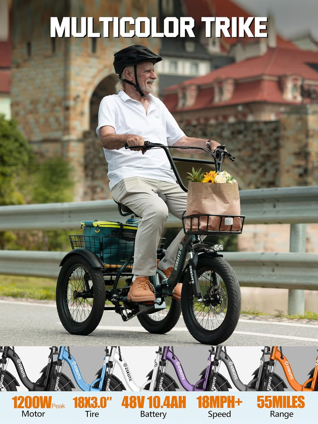 ESKUTE E Trike Electric Bike, Peak 1200W Brushless Motor Folding Trike 18X3.0 Fat Tire Ebike, 624Wh Removable Battery, Step-Thru 3 Wheel Electric Bicycle, Up to 55 Miles, 18MPH+ Tricycle for Adults