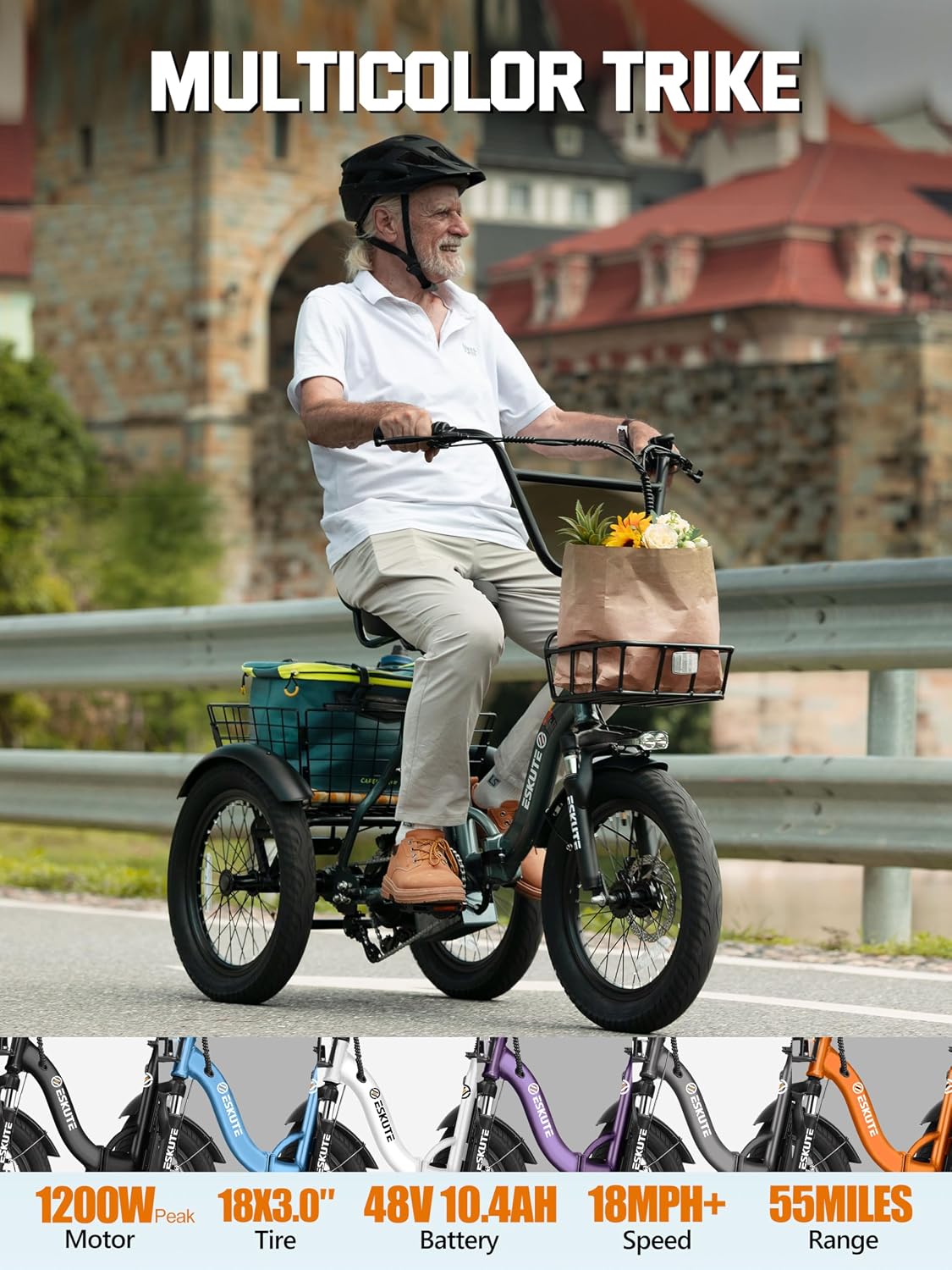 ESKUTE E Trike Electric Bike, Peak 1200W Brushless Motor Folding Trike 18X3.0 Fat Tire Ebike, 624Wh Removable Battery, Step-Thru 3 Wheel Electric Bicycle, Up to 55 Miles, 18MPH+ Tricycle for Adults