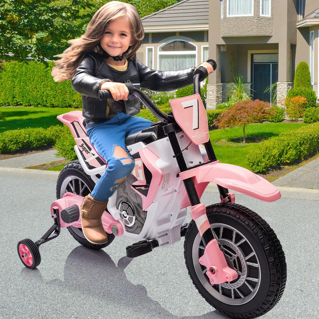 JOYLDIAS Kids Motorcycle Dirt Bike, 12V7AH Battery-Powered Ride On Motorcycle for Kids, Off-Road Street Bike w/Music, Training Wheels, Spring Suspension, High/Low Speeds, Pink
