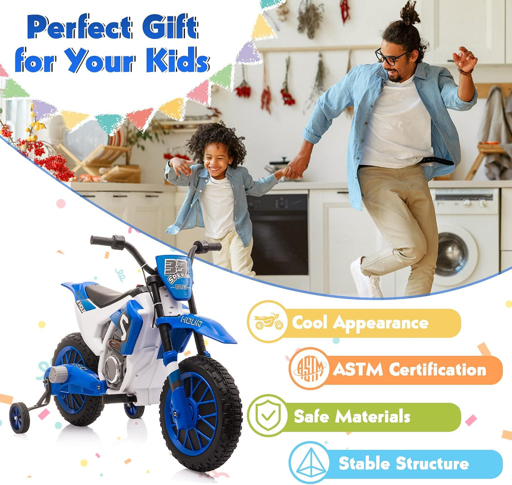 TOBBI Kids Motorcycle Dirt Bike 12V Electric Motorcycles Ride on Toys Battery Powered Motorbike Off-Road Motocross for Toddler Boys Girls 3-8 Years w/ 2 Speeds, 35W Dual Motors, Training Wheels, Blue