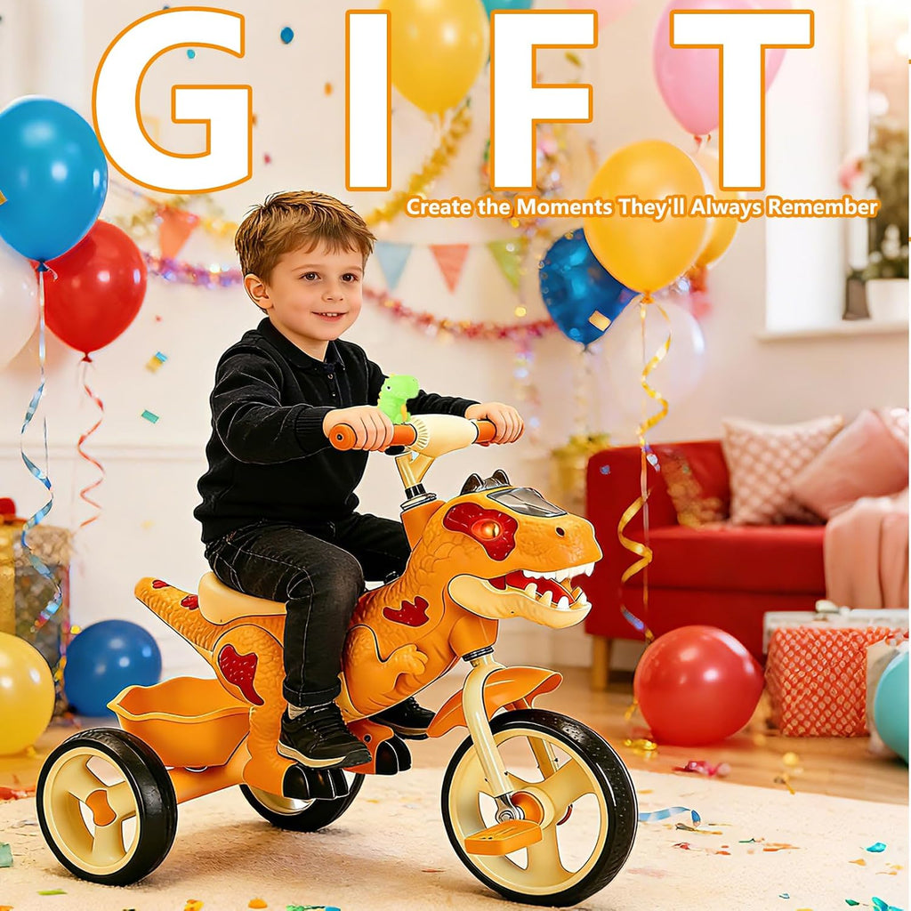 NMM Dinosaur Tricycle for Toddlers, Kids Trike with Music, LED, Tricycles for 3-5 Year Olds, for Rider, Big Wheel, Storage Basket, Horn, Toddler Bike for Boy, Dinosaur Toys for Kids 2-4 4-7