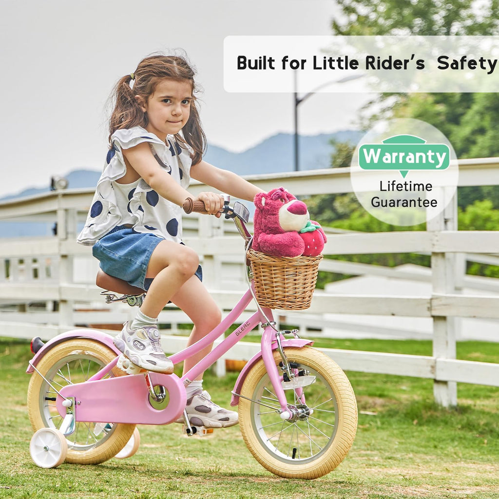 Glerc Little Molly 12-20 Inch Kids Retro Cruiser Bike for 2-13 Year Old with Wicker Basket & Training Wheels/Kickstand, Multiple Colors