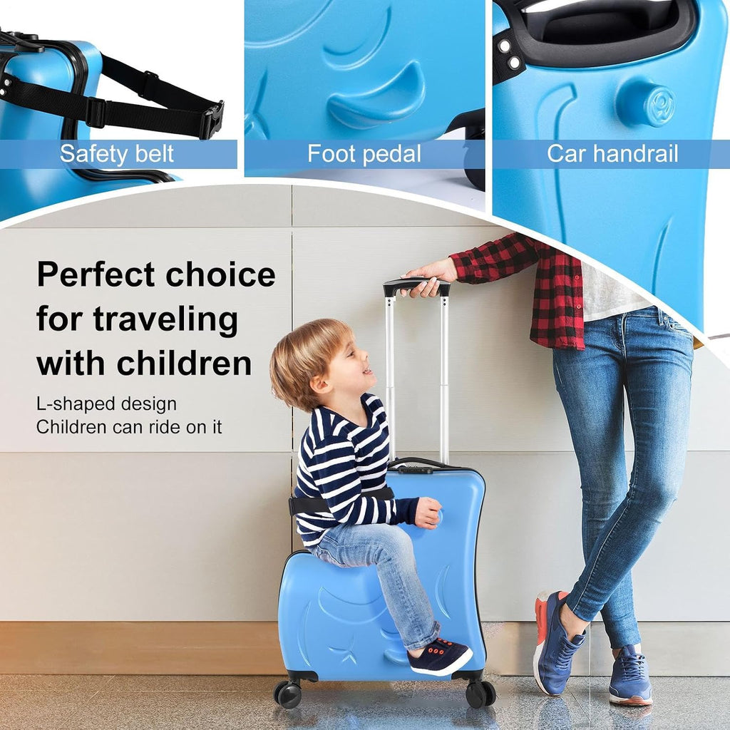 22 Inch Kid Ride Suitcase, Kid Luggage Seat Ride With Lock - Kids Travel Trolley With Safety Belt, Luggage For Kids Airplane Travel,Suitcase To Aged 1-6 Years Old,ABS+PC(Blue)