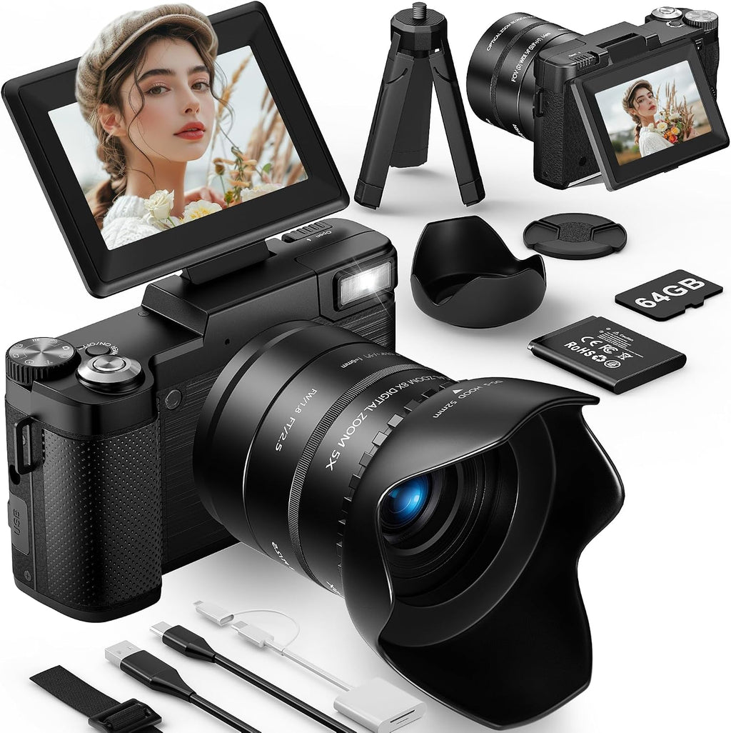 FLATIC 6K Digital Camera, 75MP Cameras for Photography with 8X Optical Zoom & Tripod, Anti-Shake Vlogging Camera with 3' 180° Flip Screen, 64GB Card, Card Reader, Vlog Travel Cameras for Teens