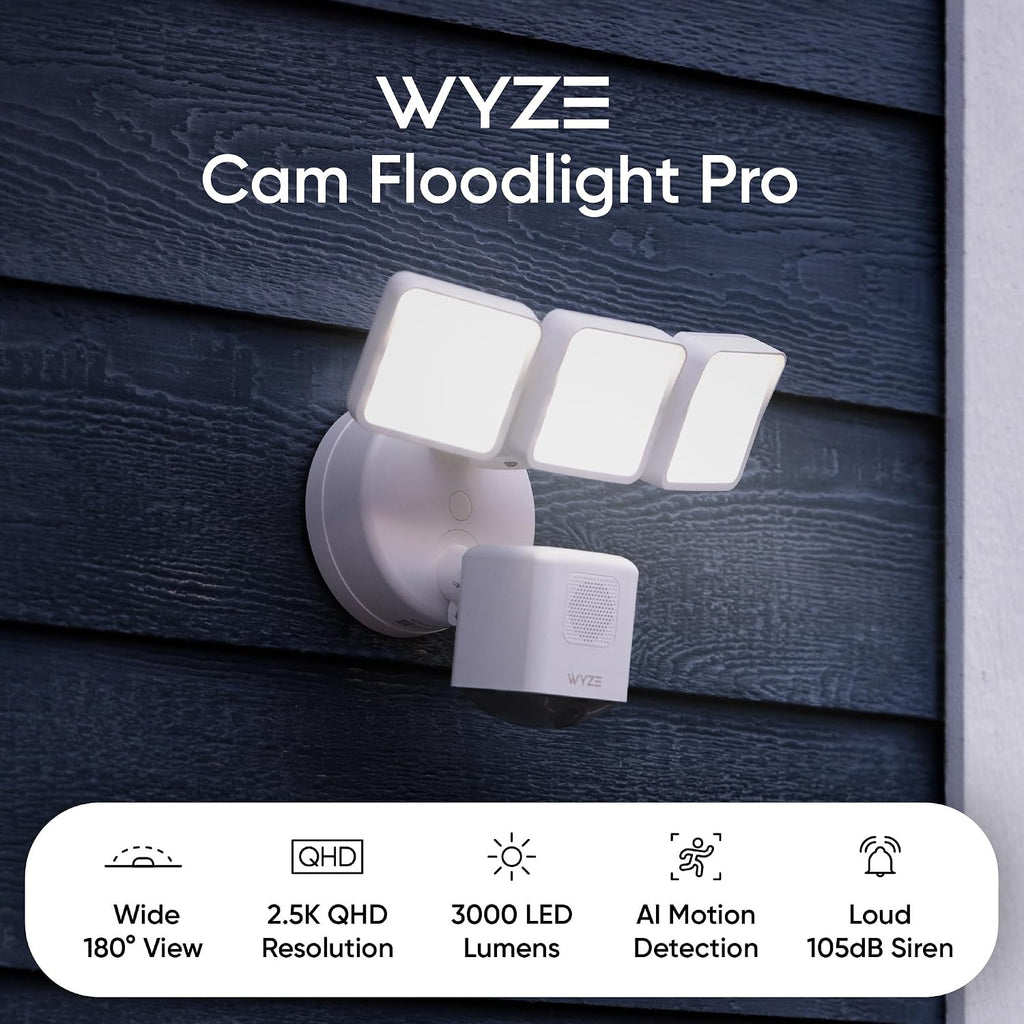 WYZE Floodlight Camera Pro, PCMag Editors' Choice 3000-Lumen LEDs, 2.5K HD Outdoor Security Camera, 180° Wide View, Motion Detection, Color Night Vision, Works with Alexa & Google-White