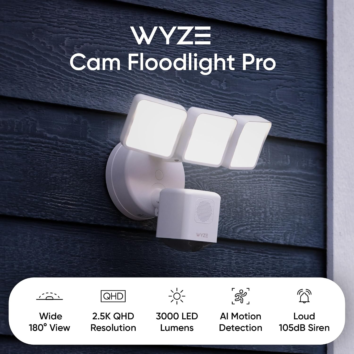WYZE Floodlight Camera Pro, PCMag Editors' Choice 3000-Lumen LEDs, 2.5K HD Outdoor Security Camera, 180° Wide View, Motion Detection, Color Night Vision, Works with Alexa & Google-White
