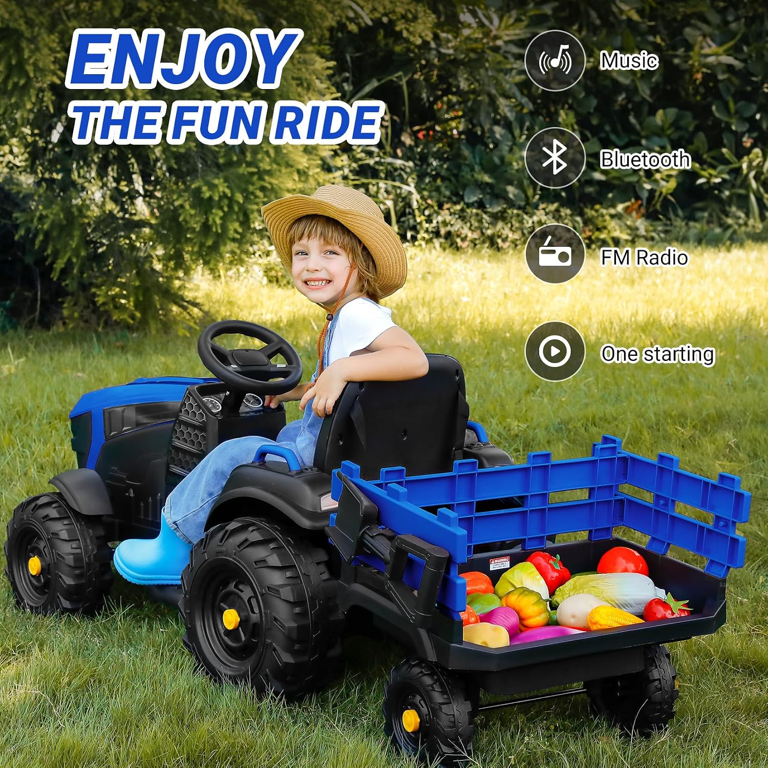ELEMARA 24V 9AH Kids Ride on Tractor with Easy Detachable Trailer,Electric Vehicles Ride On Tractor Car for Big Kid,400W Ride on Toys with Shovel,All-Terrain Capability,for Ages 3+, Music, Navy