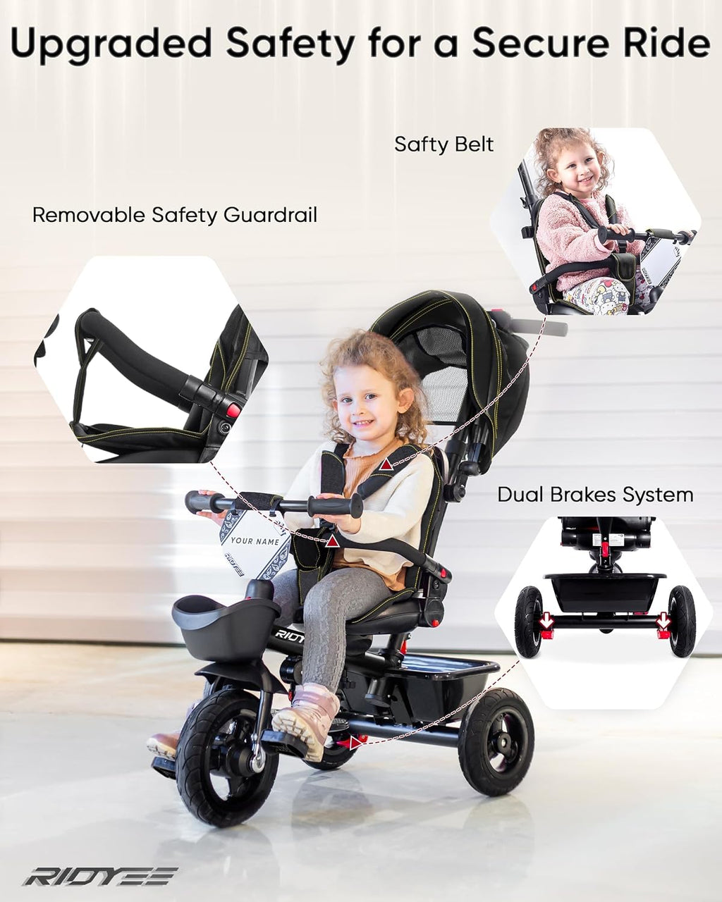 RIDYEE 7-in-1 Tricycle for 18 Months to 5 Years, All-Terrain Rubber Tires, Dual Wheel Brakes, Rotatable Seat for Toddlers 1.5-3, Tricycle for 3-5 Years with DIY Stickers, Black