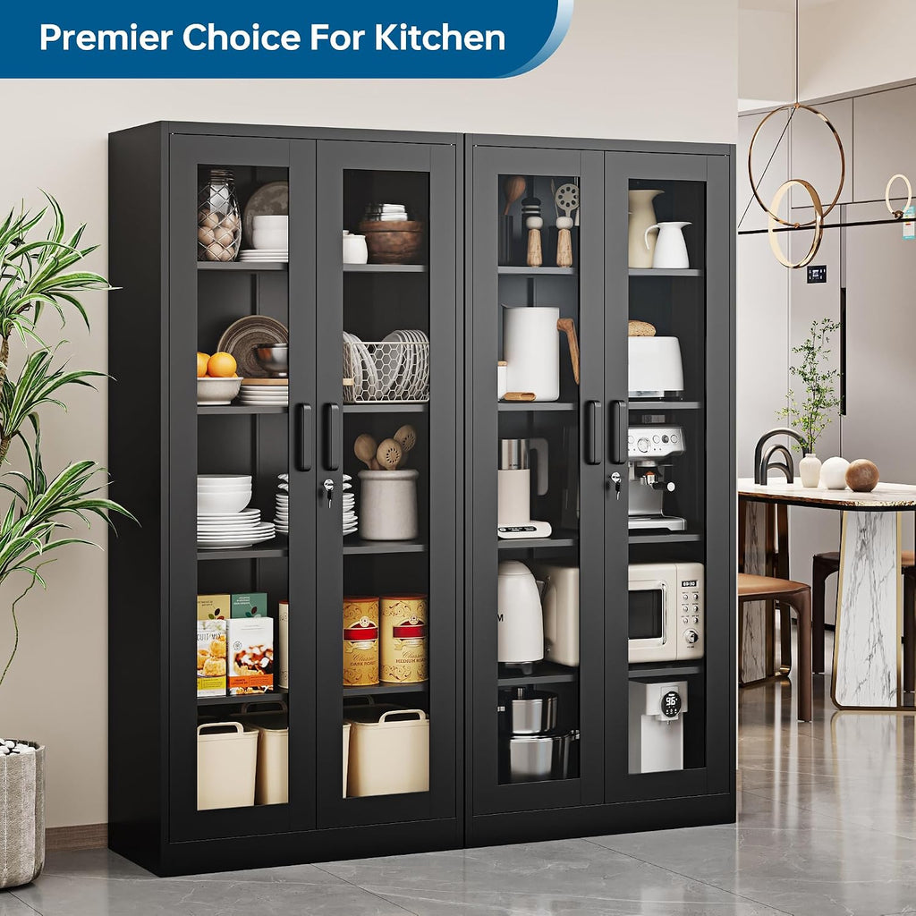 PEUKC Display Cabinet with Glass Doors, 71 Inches Metal Display Case with 4 Adjustable Shelves, Curio Storage Cabinet with Lock for Home, Office, Book, Pantry, Assemble Required (Black)