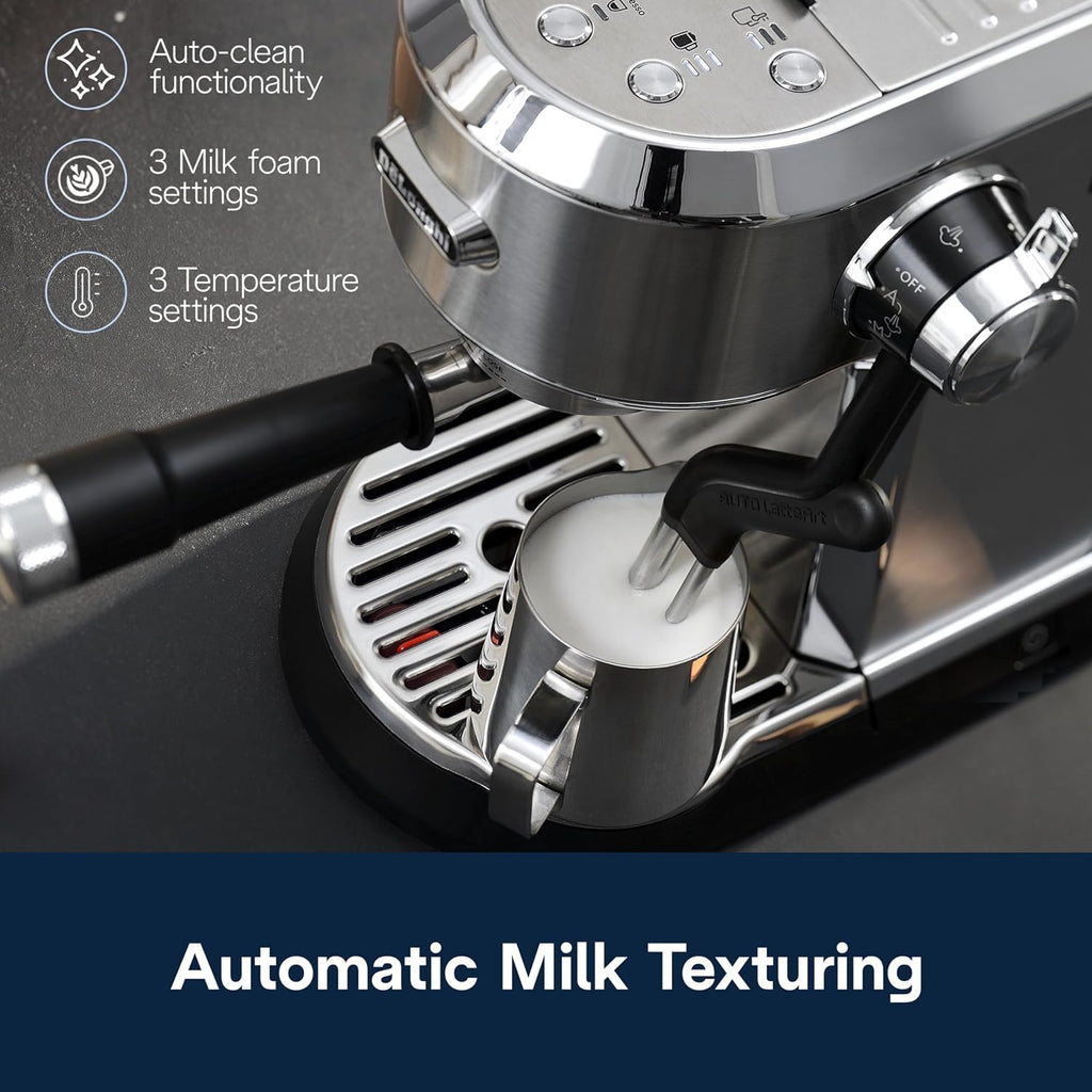 De'Longhi Dedica Maestro Plus Espresso Machine, Automatic Steam Wand, 3 Coffee Temp & Milk Foam Settings, 54oz Removable Tank, Easy-to-Clean Dishwasher-Safe Parts, Compact Stainless Steel Design