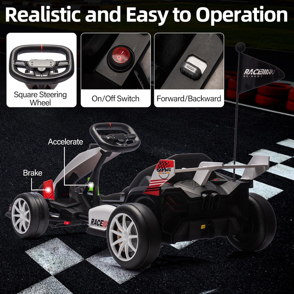 GarveeLife 24V Kids Ride on Go Kart, 7.5 mph Variable High Speed Drifting Car, 7ah Battery 200W*2 Motors,Ajustable Legroom for Kids Grows, Max Load 135 LBS, Power Display Racing Toy for 6+,White