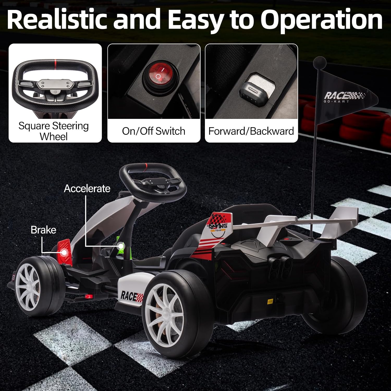 GarveeLife 24V Kids Ride on Go Kart, 7.5 mph Variable High Speed Drifting Car, 7ah Battery 200W*2 Motors,Ajustable Legroom for Kids Grows, Max Load 135 LBS, Power Display Racing Toy for 6+,White