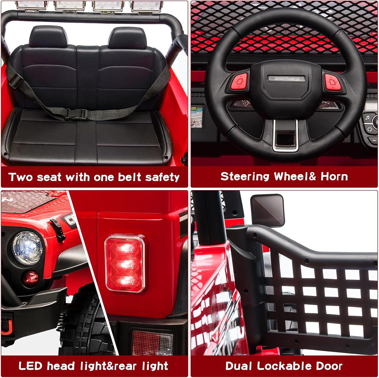 SEHOMY 2-Seater Ride on Truck, 12V Battery Powered Kids' Electric Vehicle w/Remote Control, 3 Speeds, Spring Suspension, LED Headlight, Horn, Music/ MP3, Safety Belt, Ride on Toys Car for Kids (RED)