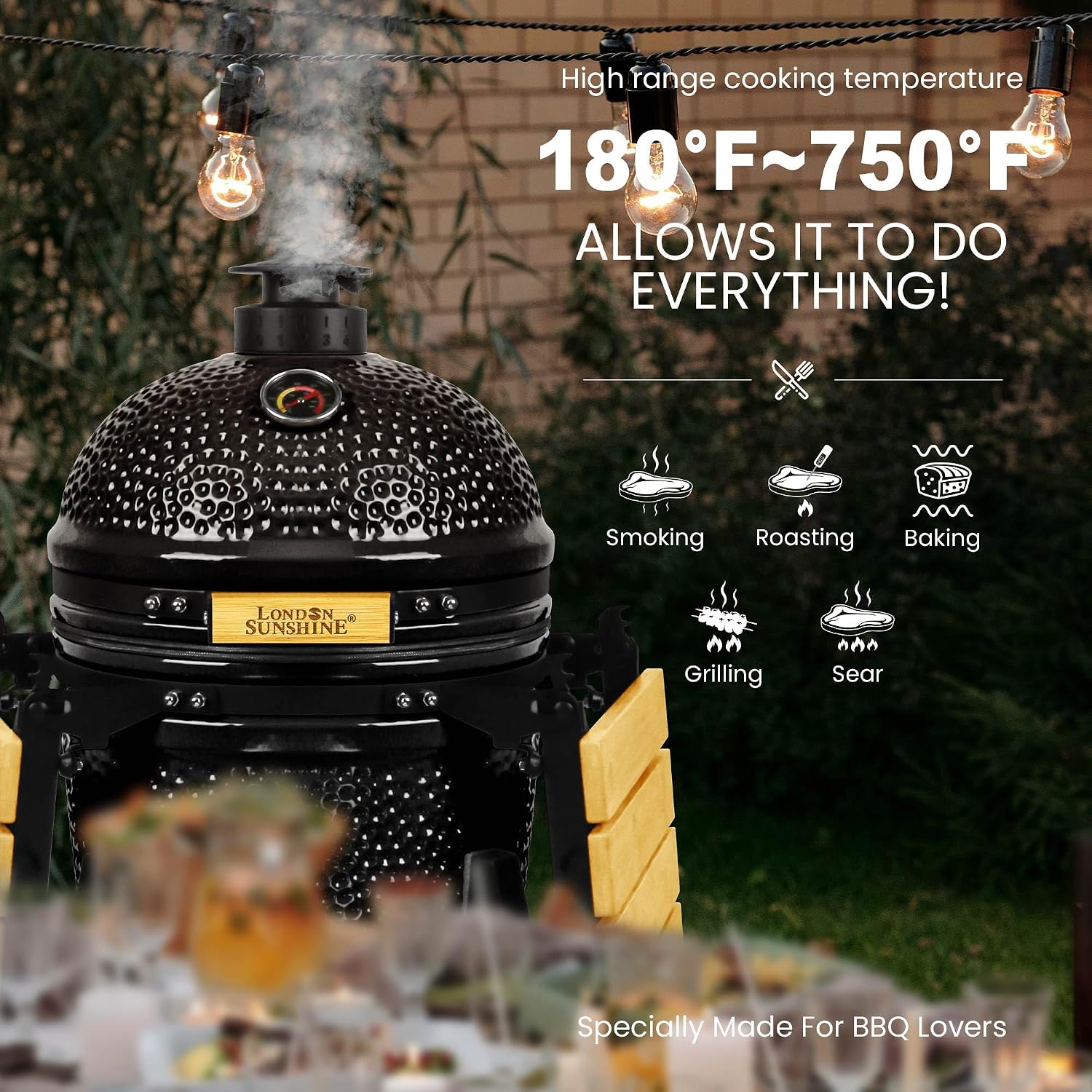 London Sunshine 15-inch Ceramic Kamado Charcoal BBQ Grill & Smoker with Locking Casters, Foldable Side Shelves, Stainless Steel Grates, and Tall Stand (Black)