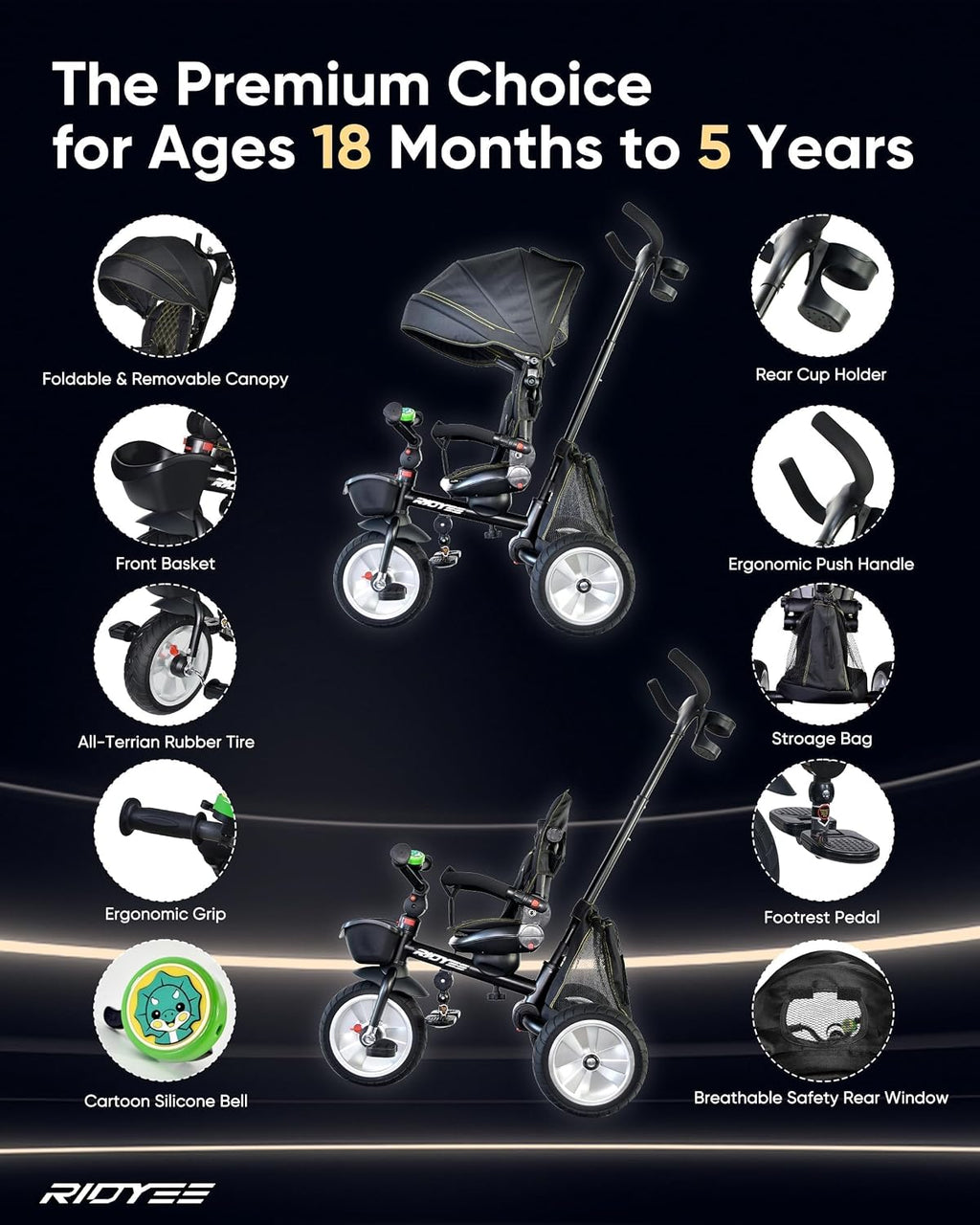 RIDYEE 7-in-1 Folding Toddler Tricycle for 18 Months to 5 Years, Tricycle Stroller with Dual Brakes, All-Terrian Rubber Tire, Tricycle for Toddlers with Rotatable Seat, Adjustable Push Handle, Black