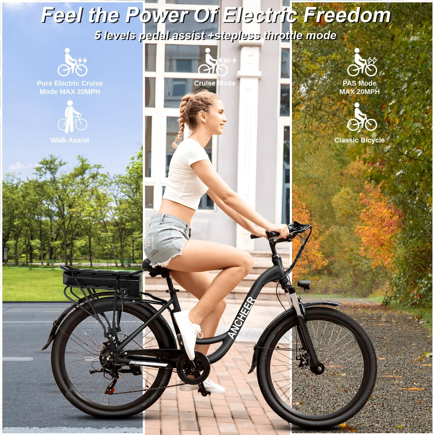 ANCHEER Electric Bike for Adults, 48V 500Wh EBike, UP to 60 Miles, Removable Battery, Fast-Charge, 26' Commuter Electric Bicycles, 7-Speed, LCD Digital Display, Suspension Fork, Cruise Control, UL2849