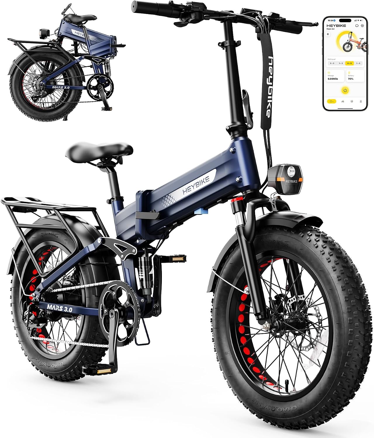 Heybike Mars 2.0/3.0 Foldable Electric Bike, UL2849 Certified, 70+Miles Long Range, 1400W/1800W Peak Motor 32MPH, 624WH Removable Battery, 20'*4 Fat Tire Ebike for Snow, Commute, Full Suspension