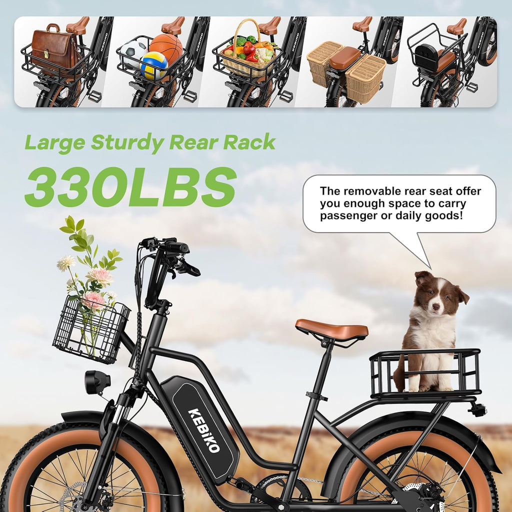 Electric Bike for Adults, 20'x 4' Fat Tire 35MPH Cargo Ebike with Seat, 1450W Peak 2 Seater Commute Bike with 48V 20AH Removable 960WH Battery, 80 Miles Max Range 7-Speed Step-Thru Electric Bicycle