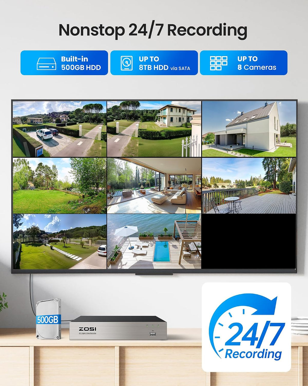 ZOSI 5MP Wired Security Camera System,4pcs 1080p Pan/Tilt 360°View Indoor Outdoor Camera,AI Human Vehicle Detection,Night Vision,Audio Recording,H.265+ 8CH DVR with 500GB HDD for 24/7 Surveillance