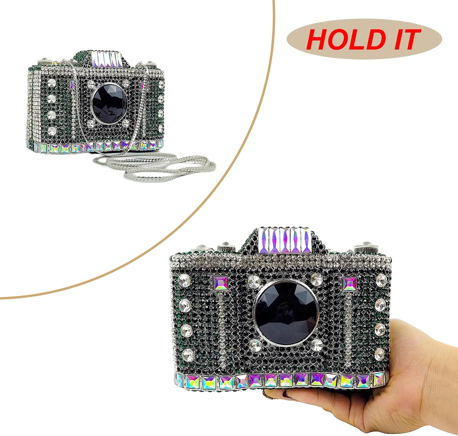 HUANG ZHUANG Cute Camera Shape Crystal Clutch Purse Mini Rhinestone Evening Bag Wedding Handbag Party Women Purse