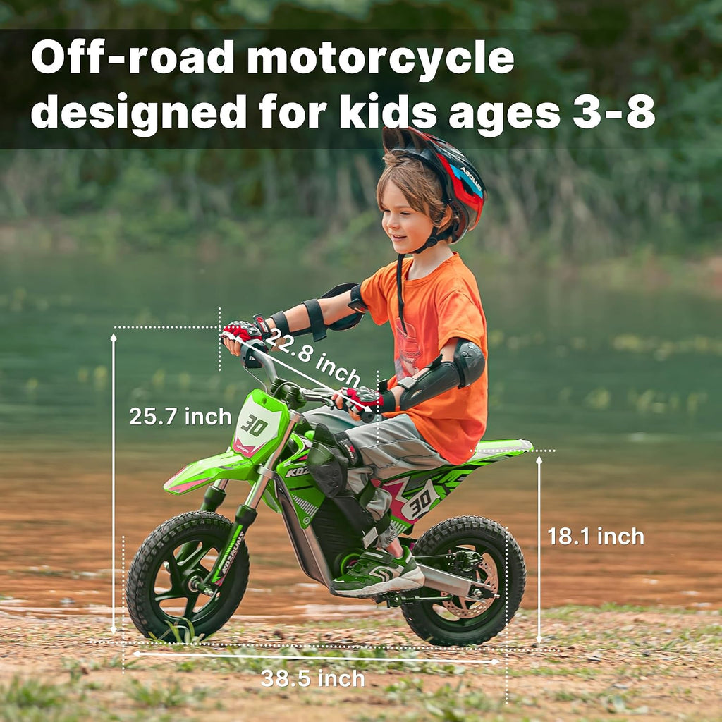 Racing Grade Electric Dirt Bike for Kids, Peak 400W Powerful Motorcycle for Ages 3-6, 36V 5.2Ah Lithium Battery, Dual Shock Absorption, 3 Speed Modes, Safe Disc Brake, 12Inch Off Road Tires, Green
