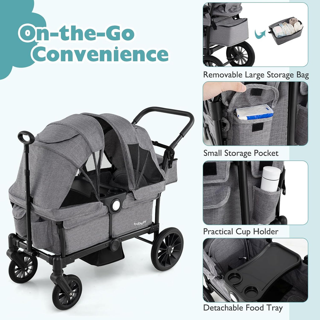 BABY JOY Wagon Stroller for 2 Kids, Collapsible Push Pull Double Stroller Wagon with Adjustable Handle Bar, Removable Canopy, Safety Harness, Cup Holder, Snack Tray & Storage Bag (Gray)