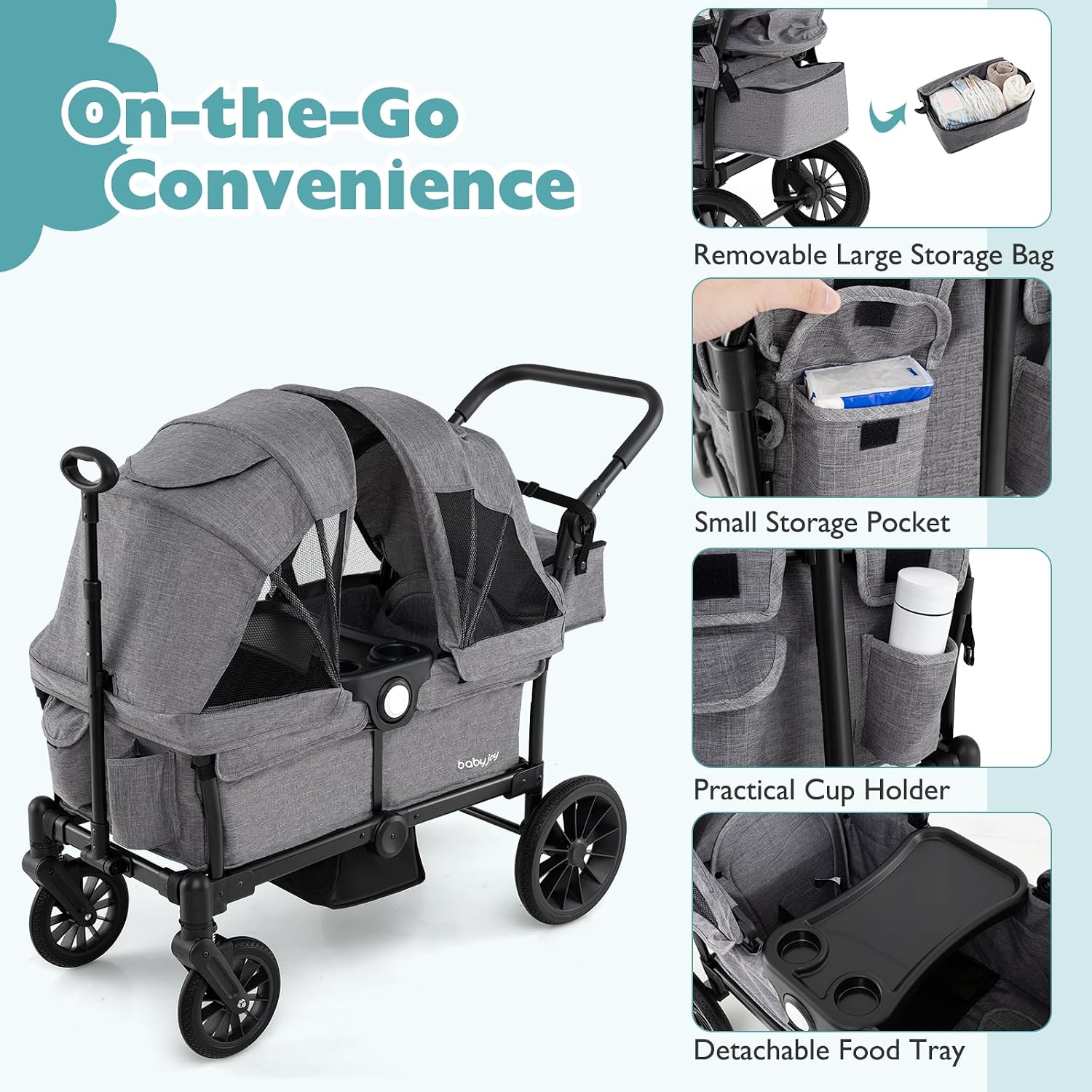 BABY JOY Wagon Stroller for 2 Kids, Collapsible Push Pull Double Stroller Wagon with Adjustable Handle Bar, Removable Canopy, Safety Harness, Cup Holder, Snack Tray & Storage Bag (Gray)