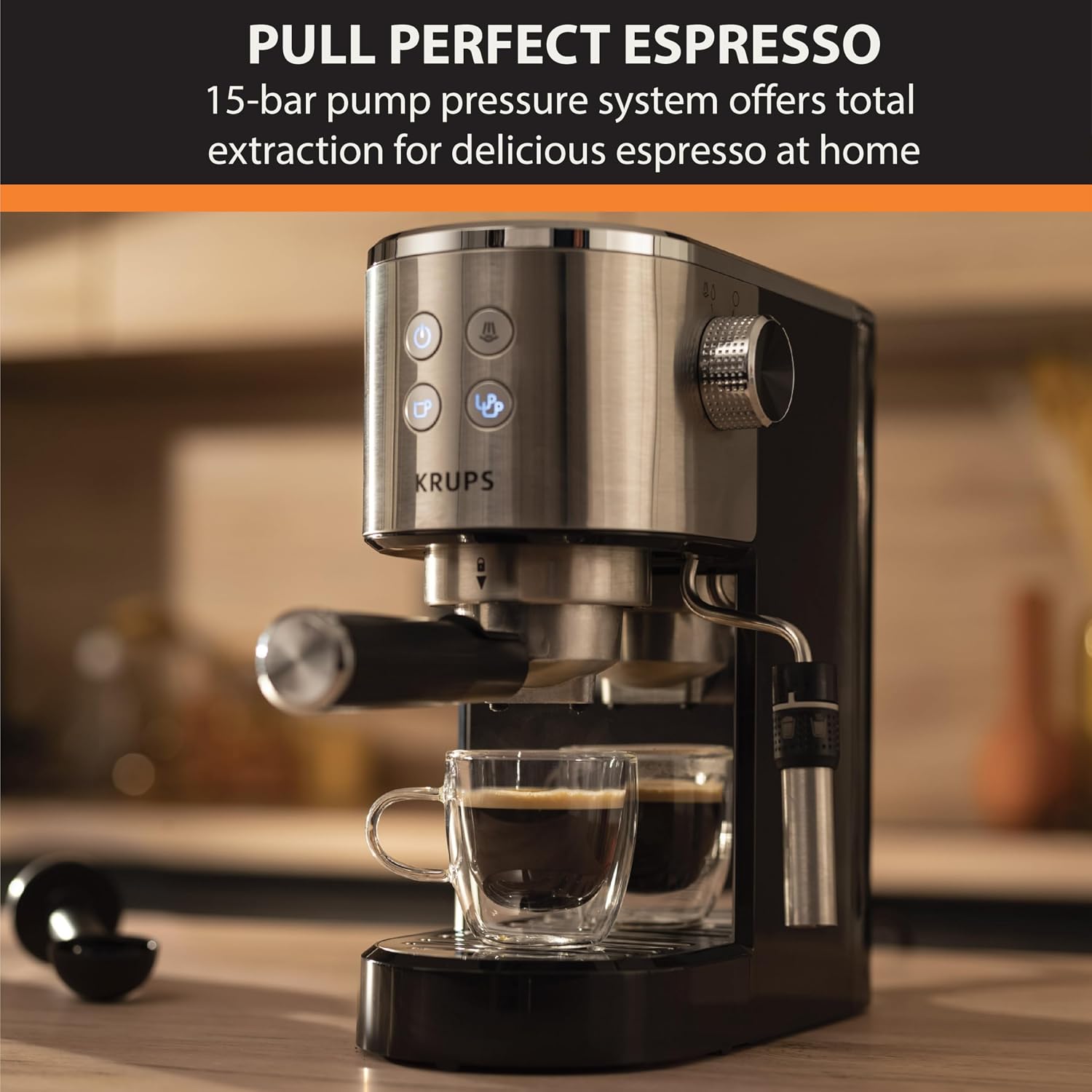 KRUPS Stainless Steel Espresso Machine: 15-Bar Pump Pressure, Milk Frother for Cappuccino and Latte, Fast Pre-Heat, 2-Cup Capacity, Cup Warmer, Easy Cleaning, 1350W, Silver