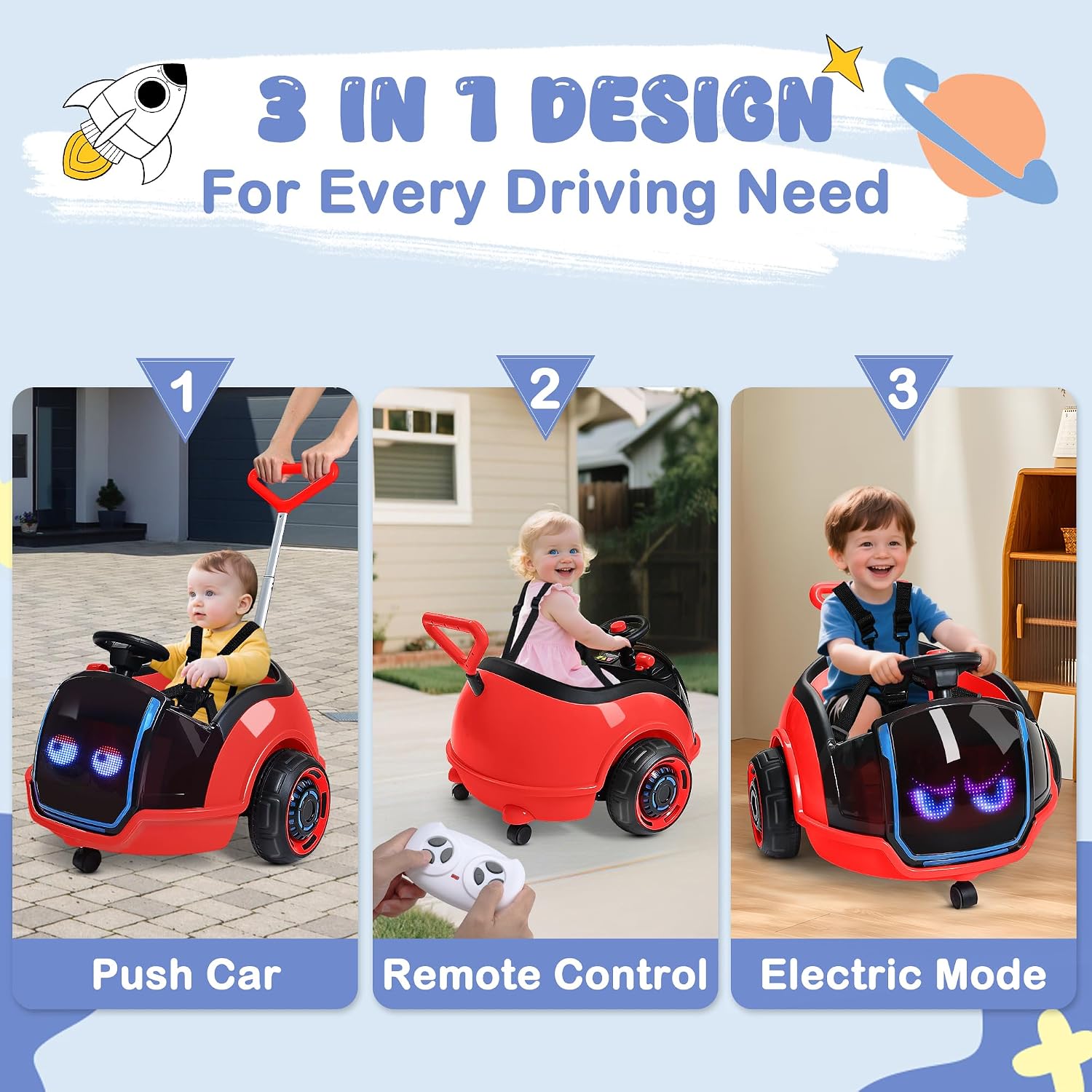 ANPABO 3-in-1 Electric Push Ride On Car, 12V Kids Ride On Toy w/Remote Control, 360° Spin, LED Display, 5-Point Safety Belt, Colorful LED Light, Music Player, Push Car for Toddler Ages 1-3 (Red)