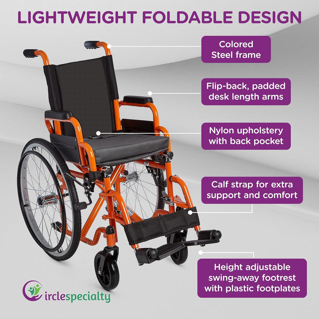 Ziggo 12' Seat Width Pediatric Wheelchair for Kids & Children, Lightweight, Manual Folding Wheelchair w/Safety Belt, Swing-Away Foot Support w/Straps, Desk Length Arm Rests, Free Cushion Accessory
