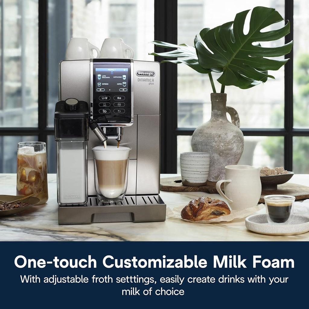 De'Longhi Dinamica Plus Connected Espresso & Coffee Machine with Automatic Milk Frother, 18 Recipes, Built in Grinder, App Compatible, LatteCrema Technology for Ideal Milk Texture, Color Touch Display