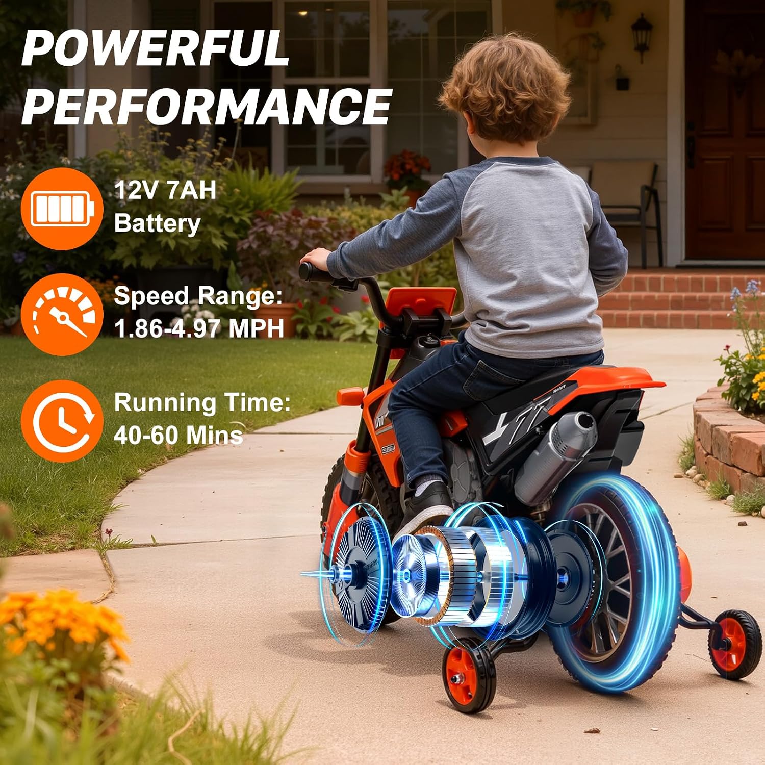 12V Kids Motorcycle w/Treaded Tires, 3.1mph Top Speed Electric Bike for Kids, Training Wheels, Music & Bluetooth, Spring Suspension, Age 3-8 Year Old, Orange