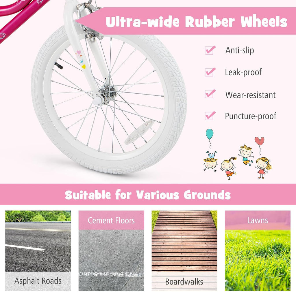 BABY JOY Girls Bike, 12' 14' 16' 18' Kids Bike for 3-8 Years Old with Training Wheels, Adjustable Seat & Handlebar, Handbrake & Coaster Brake, Children Bicycle