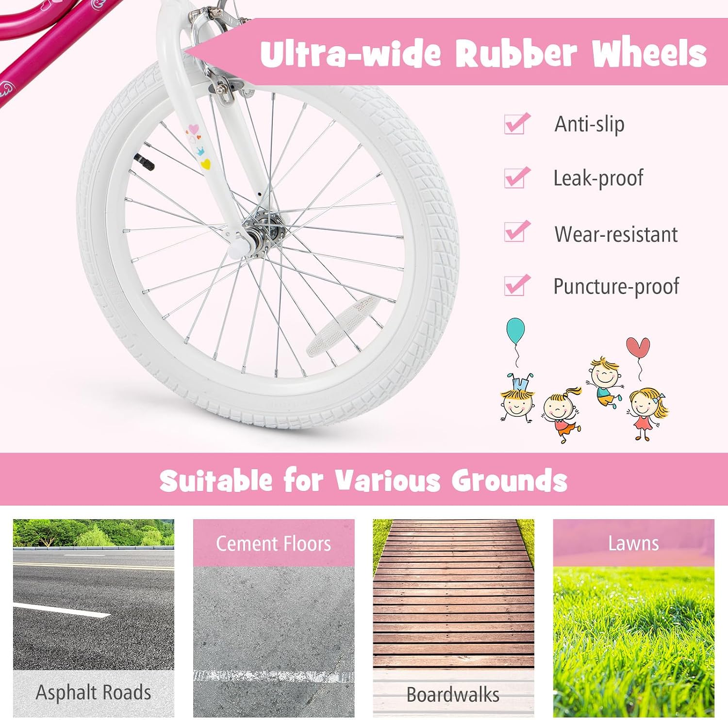 BABY JOY Girls Bike, 12' 14' 16' 18' Kids Bike for 3-8 Years Old with Training Wheels, Adjustable Seat & Handlebar, Handbrake & Coaster Brake, Children Bicycle