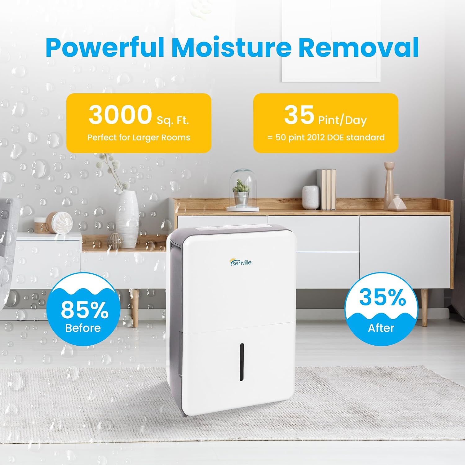 Senville 35 Pint Dehumidifier (Previously 50 Pint), Energy Star Certified, Washable Filter, Ideal for Basements, Medium & Large Sized Rooms, Up to 3,000 Sq. Ft., White