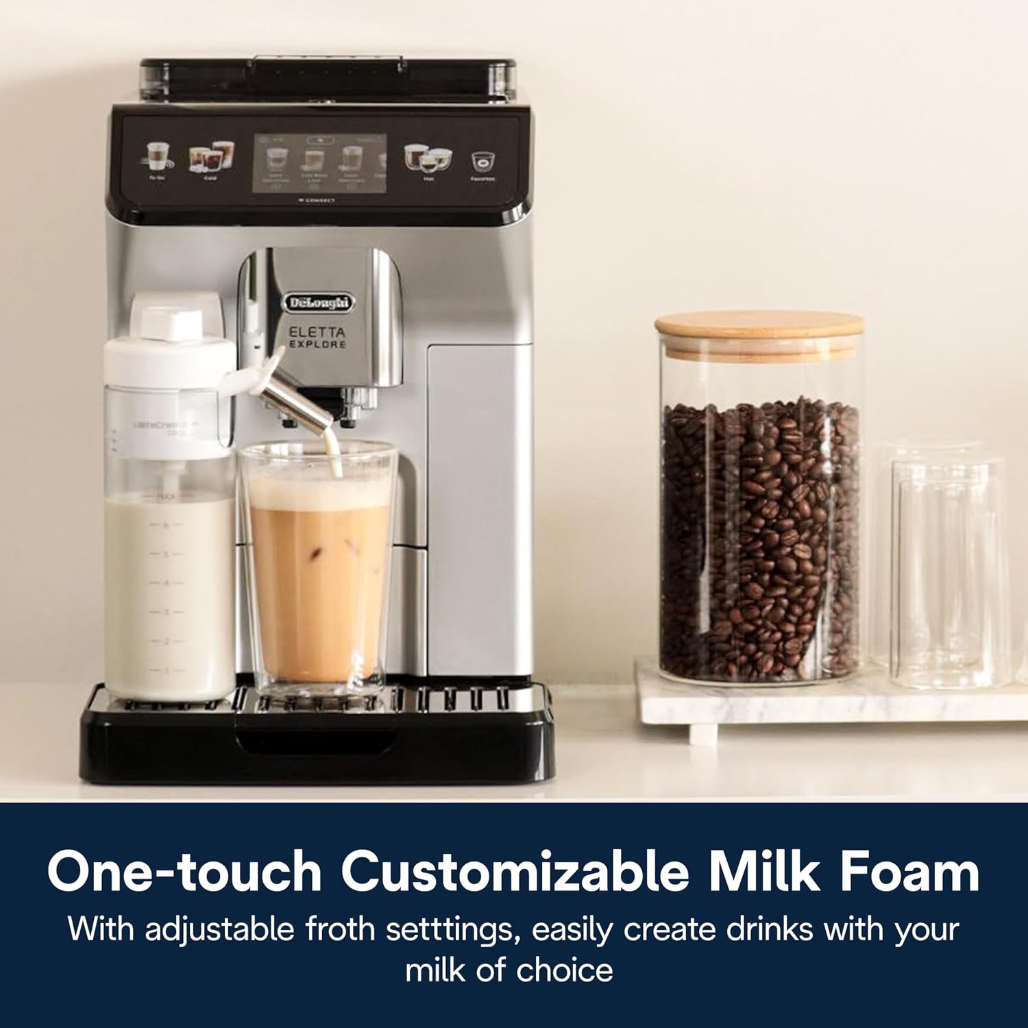 De'Longhi Eletta Explore Espresso Machine with Cold Brew, Hot & Cold Milk Frother - 50+ Recipes, Built in Grinder, Smartphone Compatible with Bean Adapt Technology for Ideal Extraction, 3.8 Pounds
