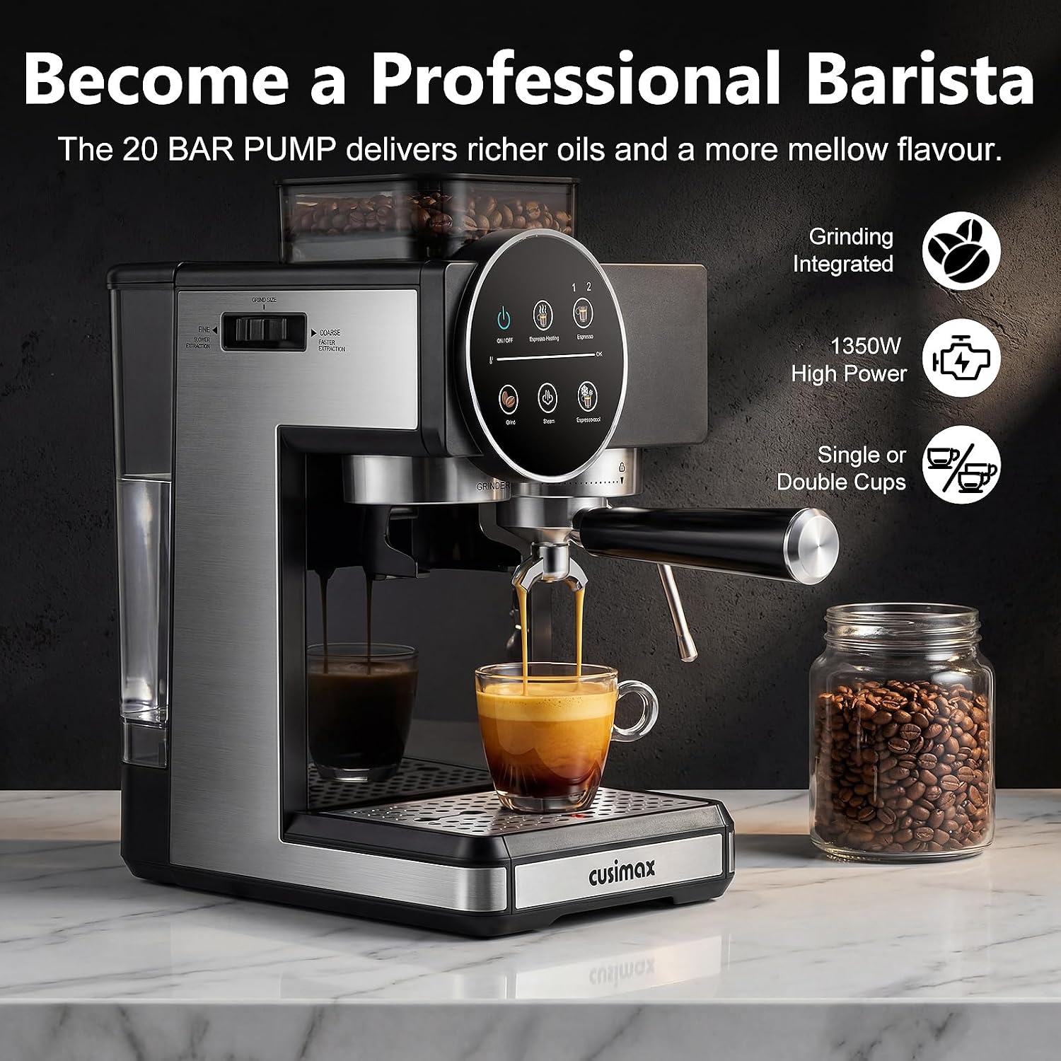 Espresso Machine with Grinder, 20 Bar Professional Expresso Coffee Machines with Milk Frother Steam Wand, Espresso Maker with 60oz Removable Water Tank, Cappuccino & Latte Machine for Home (Dark-Pro)