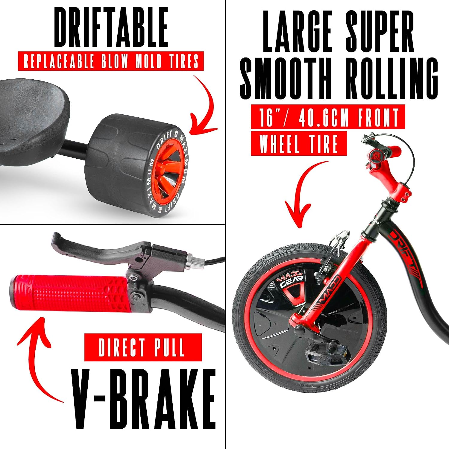 Drift Trike for Kids Ages 5+ – 16' Front Wheel Ride-On with Adjustable Seat, Steel Frame, Rear Slick Drift Wheels & Safety Flag – Madd Gear - (Black Red)