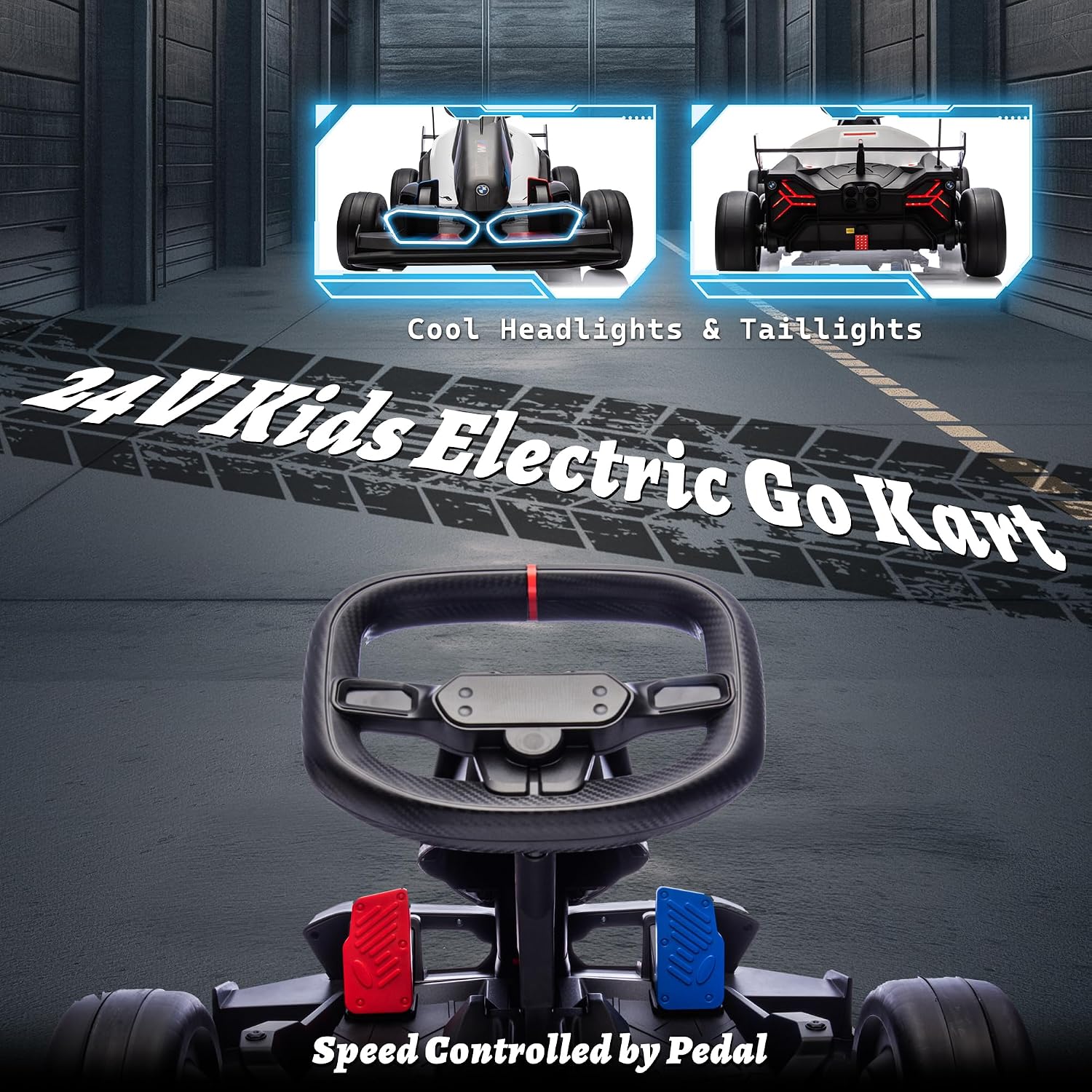 FORESEE 24V Licensed BMW Kids Electric Go Kart, Battery Powered Drift Kart w/Adjustable Seat, Ride On Toy for Big Kids Ages 6+, 7.5MPH Racing Go Cart w/400W Motor, LED Lights & Safety Belt, Black