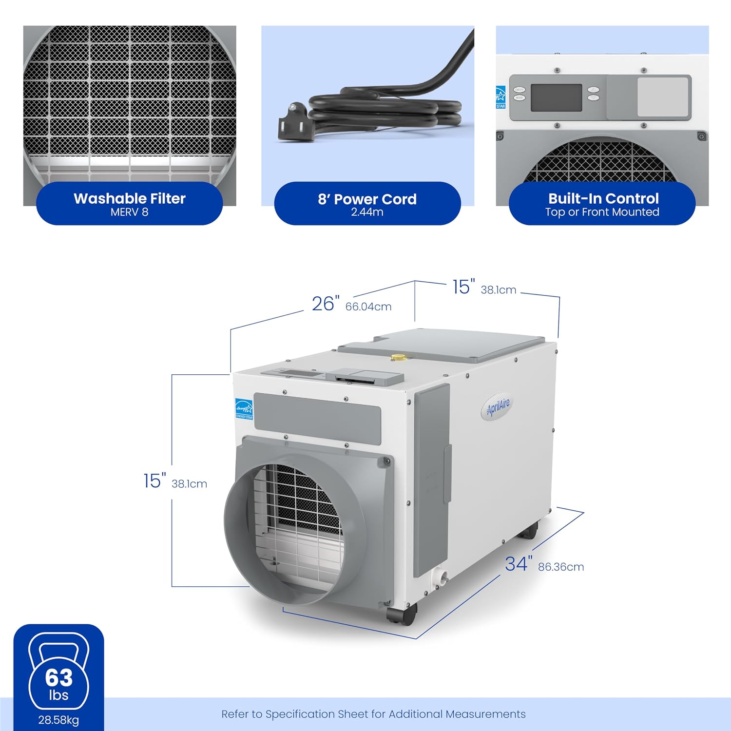 AprilAire E100C Pro 100-Pint Whole-House Dehumidifier with Castors, Energy Star Certified, Commercial-Grade Whole-Home Dehumidifier for Basement, Crawlspace, or Whole House up to 5,500 sq. ft.
