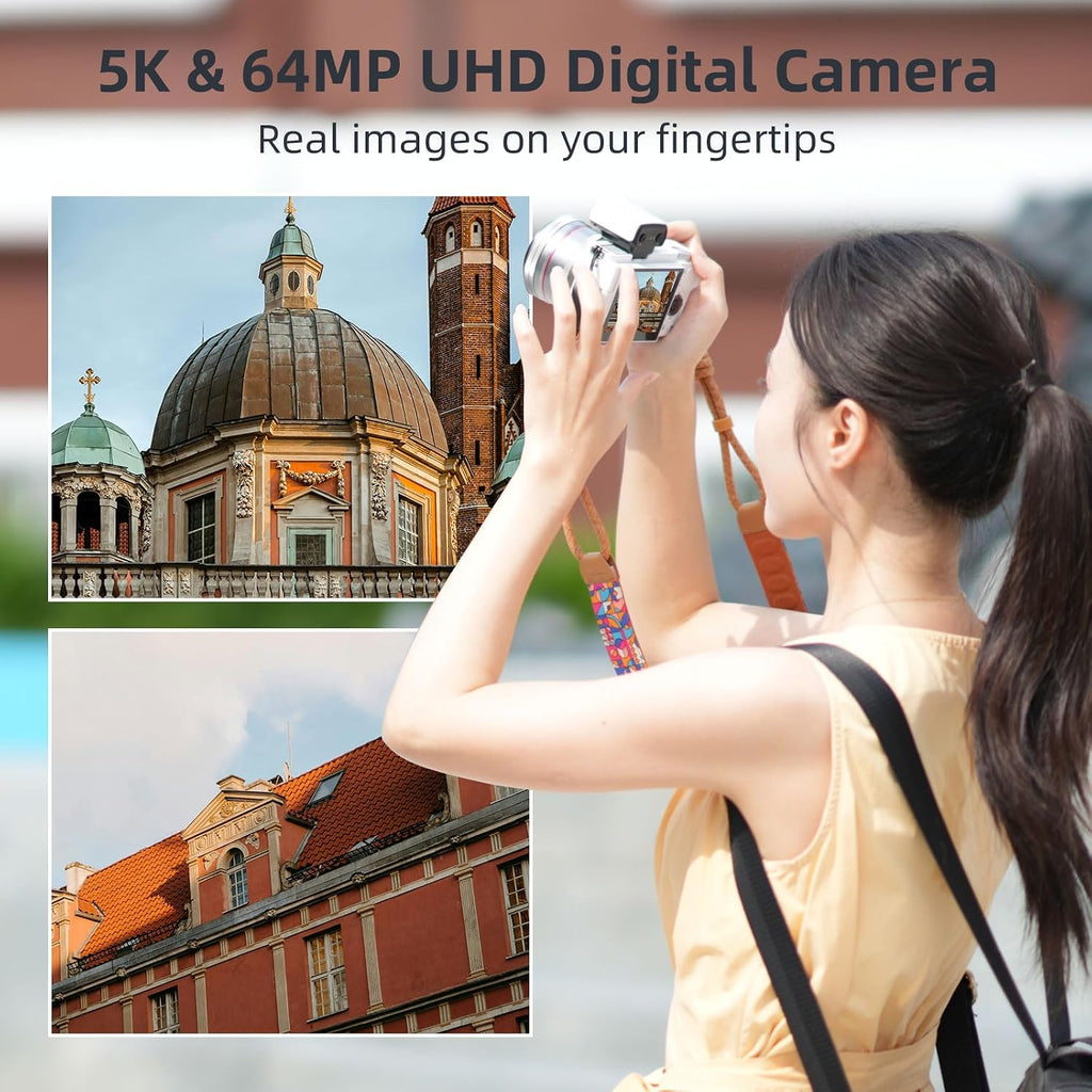 ORDRO G730 5K Digital Camera for Photography, 64MP Auto & Manual Focus Digital Camera for YouTube with 3.2'' 270° Flip Screen, 12X Optical Zoom Compact Travel Camera with 64G Card, 2 Batteries & Flash